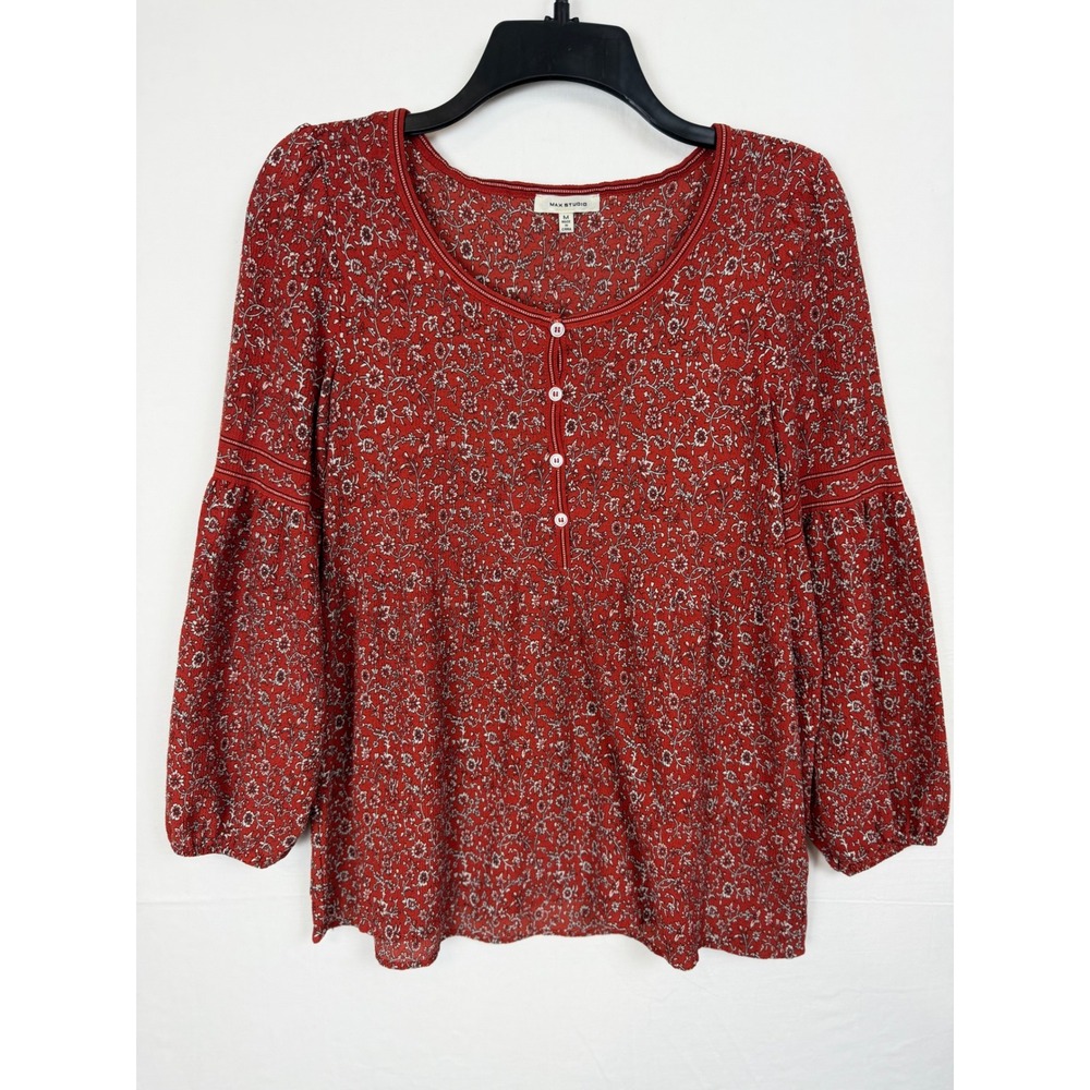 Max Studio Womens Blouse M Red Floral Henley Peplum Balloon Sleeve AV05C35